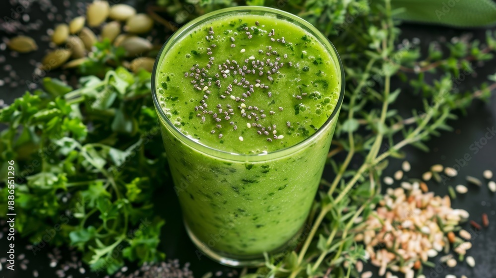 Fresh Green Smoothie with Chia Seeds on Dark Background Fresh Green Smoothie with Chia Seeds on Dark Background