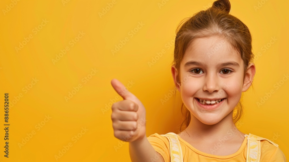 Joyful elementary school girl showing thumb gesture towards empty space on yellow backdrop Joyful elementary school girl showing thumb gesture towards empty space on yellow backdrop