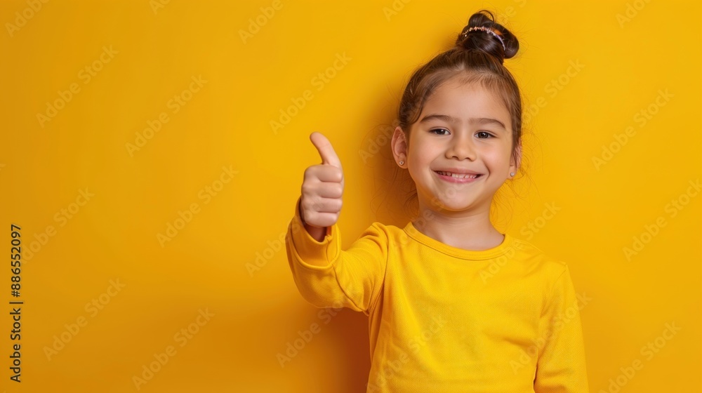 Joyful elementary school girl showing thumb gesture towards empty space on yellow backdrop Joyful elementary school girl showing thumb gesture towards empty space on yellow backdrop