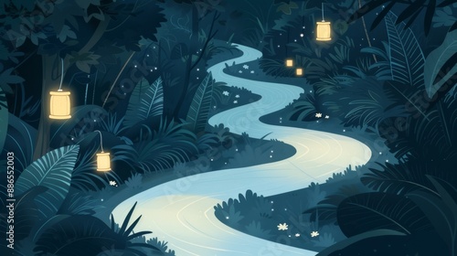 Enchanted Forest Path Illuminated by Lanterns at Twilight