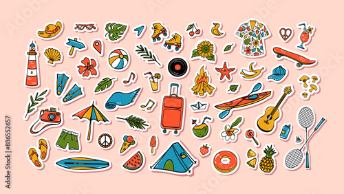 Big set of summer themed doodle stickers