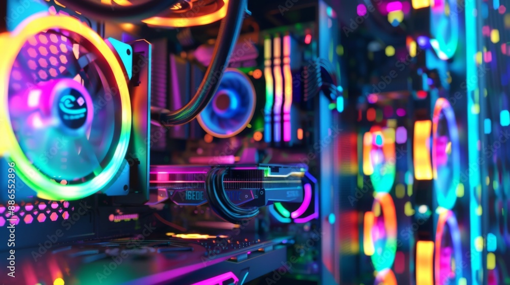 A high - end custom PC gaming setup with vibrant cooling fans and colorful lighting, showcasing modern technology A high - end custom PC gaming setup with vibrant cooling fans and colorful lighting, showcasing modern technology