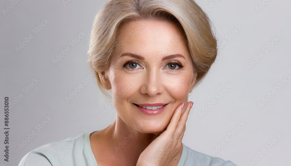 Beautiful gorgeous 50s mid aged mature woman looking at camera isolated on white. Mature old lady close up portrait. Healthy face skin care beauty, middle age skincare cosmetics, cosmetology concept Beautiful gorgeous 50s mid aged mature woman looking at camera isolated on white. Mature old lady close up portrait. Healthy face skin care beauty, middle age skincare cosmetics, cosmetology concept