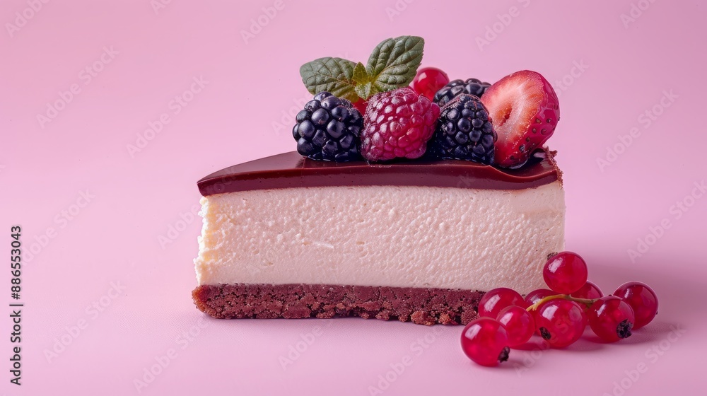 A slice of creamy cheesecake with a chocolate topping and berries on an isolated pastel background A slice of creamy cheesecake with a chocolate topping and berries on an isolated pastel background