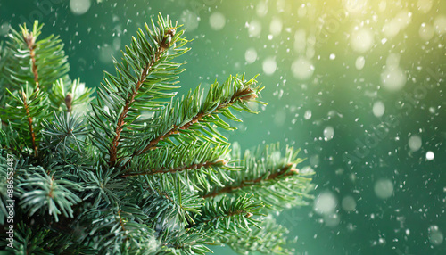 Beautiful green fir tree branches close up. Christmas and winter concept