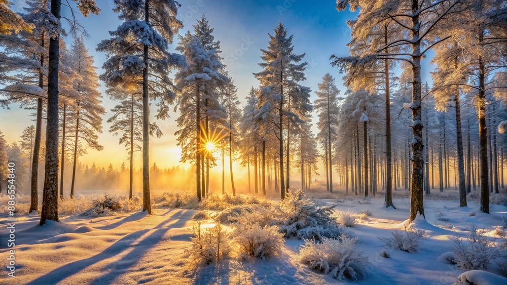 Serene winter forest landscape at dawn, snow-covered trees stand tall amidst frosty mist, gentle sunlight casts a warm glow on the frozen woodland floor. Serene winter forest landscape at dawn, snow-covered trees stand tall amidst frosty mist, gentle sunlight casts a warm glow on the frozen woodland floor.