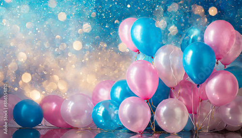 Beautiful panoramic background with pink and blue balloons