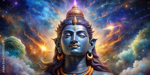 Wallpaper Mural Digital art of Lord Shiva's face against a nebula background, evoking a spiritual and cosmic atmosphere. Suitable for religious and spiritual use. Torontodigital.ca