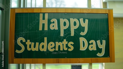 Happy Students Day yellow text on green school board in classroom