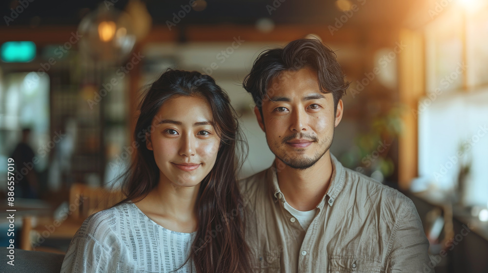 A young couple smiles for the camera in a cafe. A young couple smiles for the camera in a cafe.