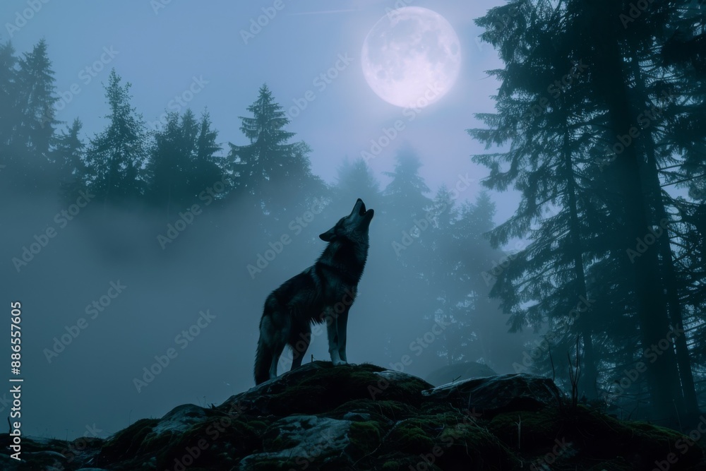 Wolf Howling at Moon in Misty Forest Wolf Howling at Moon in Misty Forest
