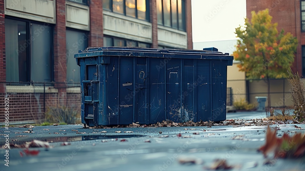 Fototapeta premium A big navy blue dumpster in front of building. Generative AI.