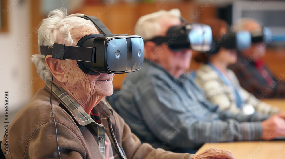senior individuals actively participating in a technology class, wearing vr headsets and working on laptops, highlighting lifelong learning and digital literacy, education, technology, senior lifestyl senior individuals actively participating in a technology class, wearing vr headsets and working on laptops, highlighting lifelong learning and digital literacy, education, technology, senior lifestyl