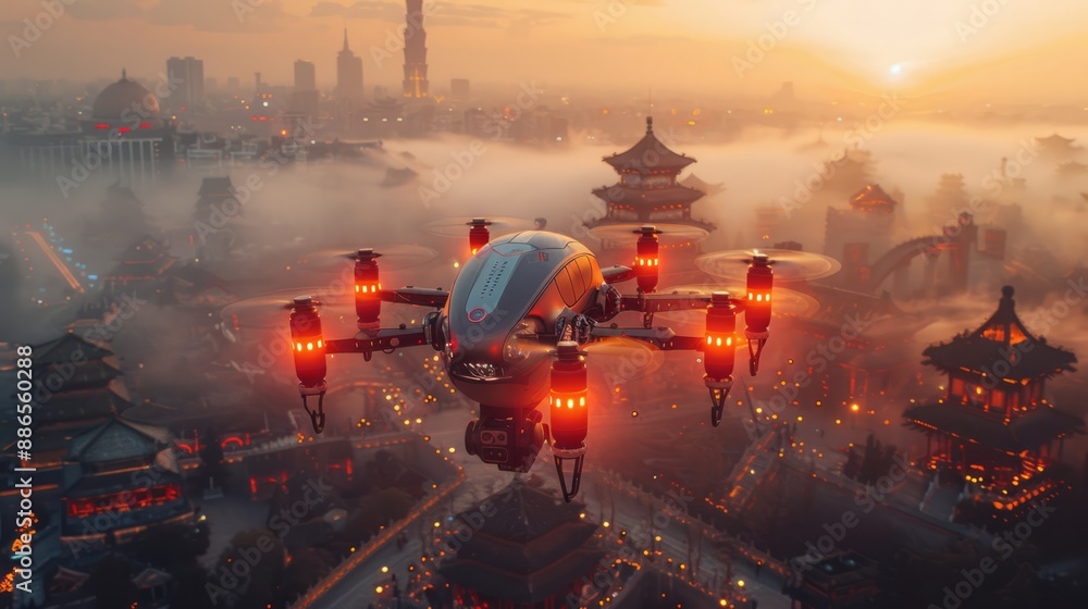 Autonomous flying taxi service operating in a bustling future city. Autonomous flying taxi service operating in a bustling future city.