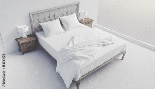 Blank white bed mock up, top view isolated, 3d rendering. Empty blanket and pillows mockup in bedstead. Doss with mattress and bedsheet in place for sleep template. Bedclothes with pilows and duvet photo