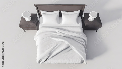 Blank white bed mock up, top view isolated, 3d rendering. Empty blanket and pillows mockup in bedstead. Doss with mattress and bedsheet in place for sleep template. Bedclothes with pilows and duvet photo