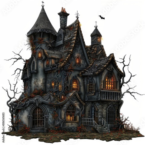 Spooky Haunted House Clipart for Halloween Design with Eerie Tones on White Background