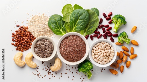 A beautifully arranged flat lay of vegetarian ingredients, including flax seeds, beans, nuts, and leafy greens, highlighting their amino acid content