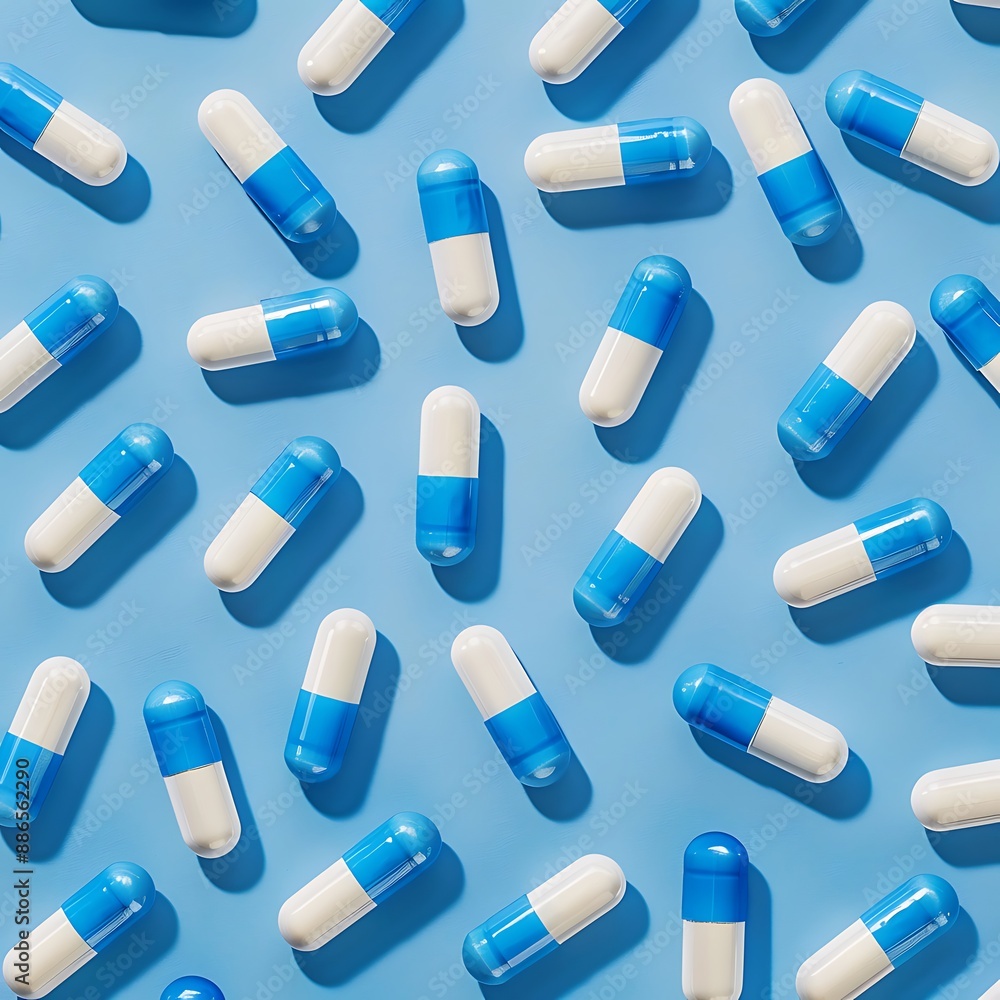 A pattern of blue and white pill-shaped tablets on a light blue background A pattern of blue and white pill-shaped tablets on a light blue background