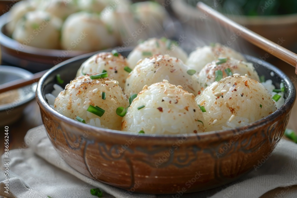 Steaming Rice Balls in Ceramic Bowl Steaming Rice Balls in Ceramic Bowl
