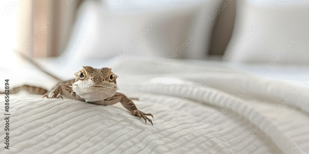 Lizard resting on a bed in a contemporary apartment. Concept Contemporary Decor, Reptile Pet, Unique Furniture, Home Interior, Lizard Enclosure Lizard resting on a bed in a contemporary apartment. Concept Contemporary Decor, Reptile Pet, Unique Furniture, Home Interior, Lizard Enclosure