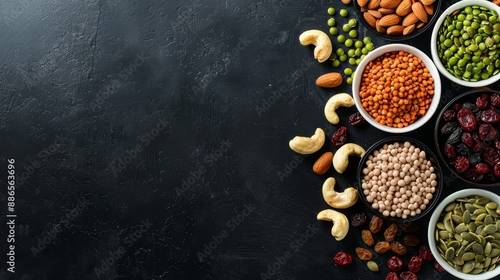A composition of assorted vegan proteins and dried fruits like cashews, pumpkin seeds, and raisins on a dark background, highlighting their nutritional appeal A composition of assorted vegan proteins and dried fruits like cashews, pumpkin seeds, and raisins on a dark background, highlighting their nutritional appeal