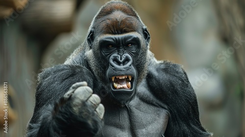 Muscular big gorilla in extreme anger with his fist closed and mouth open, gorilla in anger to take revenge