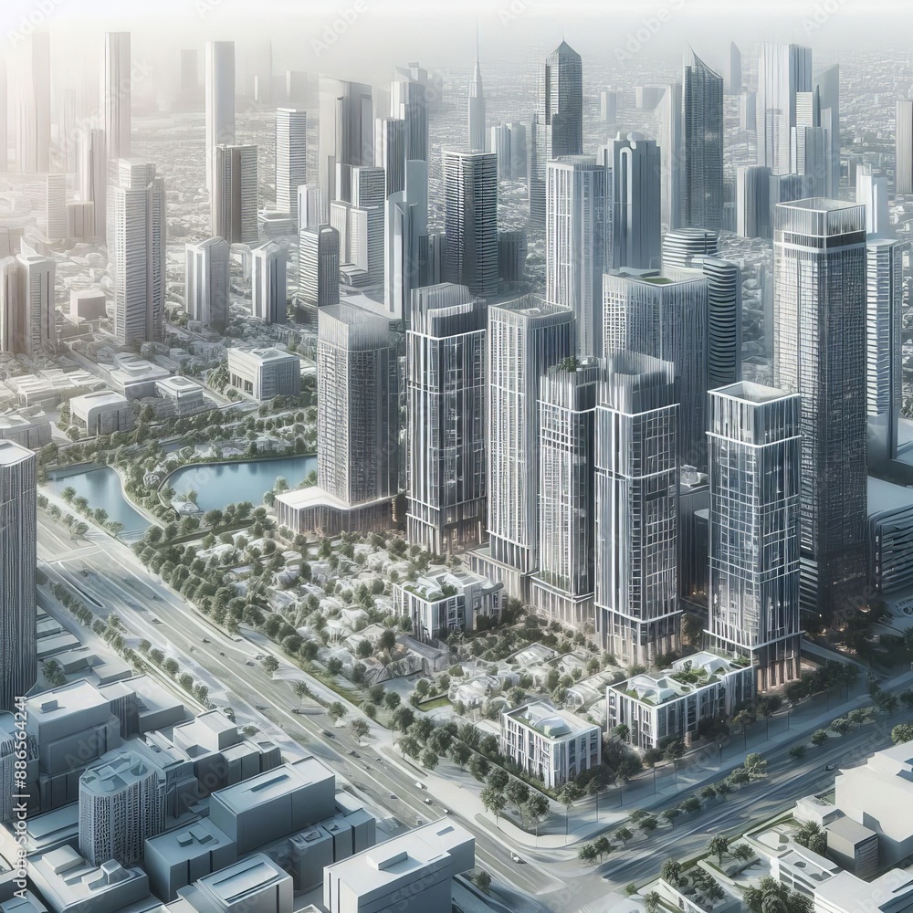 Obraz premium Современный городской пейзаж с высотными зданиями, улицами и парками.