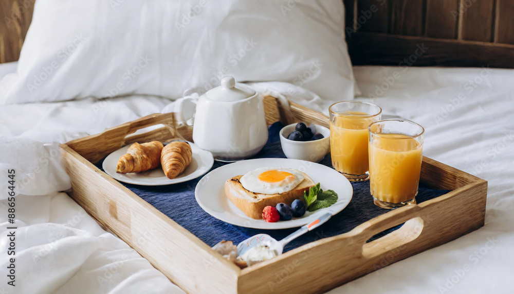 Traditional romantic breakfast in bed in white and beige bedroom Traditional romantic breakfast in bed in white and beige bedroom