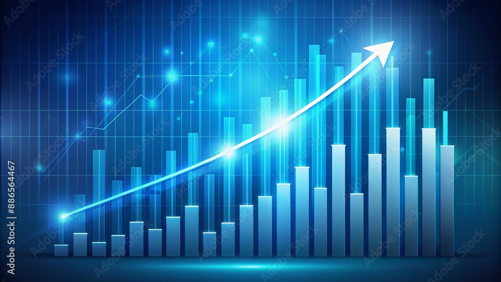 Upward trending digital graph with arrow rising to new heights on a bright blue background, symbolizing financial growth, success and progressive business strategies. Upward trending digital graph with arrow rising to new heights on a bright blue background, symbolizing financial growth, success and progressive business strategies.