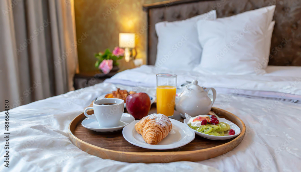 Traditional romantic breakfast in bed in white and beige bedroom Traditional romantic breakfast in bed in white and beige bedroom