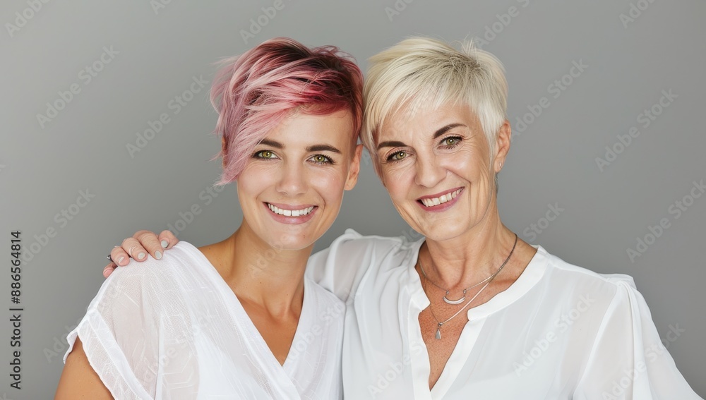 Two woman with pink hair and her mother, both smiling at the camera. Mum and daughter. Comparison of skin aging and rejuvenation before and after treatment for a beautiful woman. Salon hair style Two woman with pink hair and her mother, both smiling at the camera. Mum and daughter. Comparison of skin aging and rejuvenation before and after treatment for a beautiful woman. Salon hair style