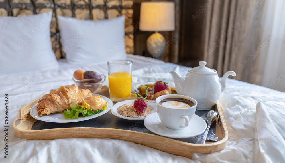 Traditional romantic breakfast in bed in white and beige bedroom Traditional romantic breakfast in bed in white and beige bedroom