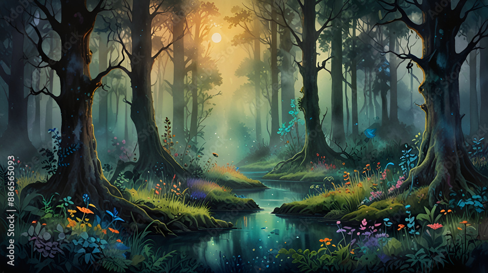 Ethereal Enchanted Forest at Dawn background Ethereal Enchanted Forest at Dawn background