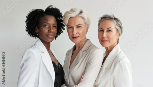 Three beautiful professional diverse cultural middle aged lesbian businesswoman with short hair posing together, perfectly styled and healthy locks. hairstyle. isolated white background