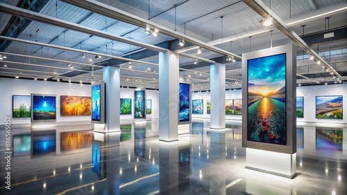 Modern art gallery with futuristic twist, featuring large digital screens displaying artistic masterpieces, empty white space and sleek flooring, awaiting visitors' exploration.