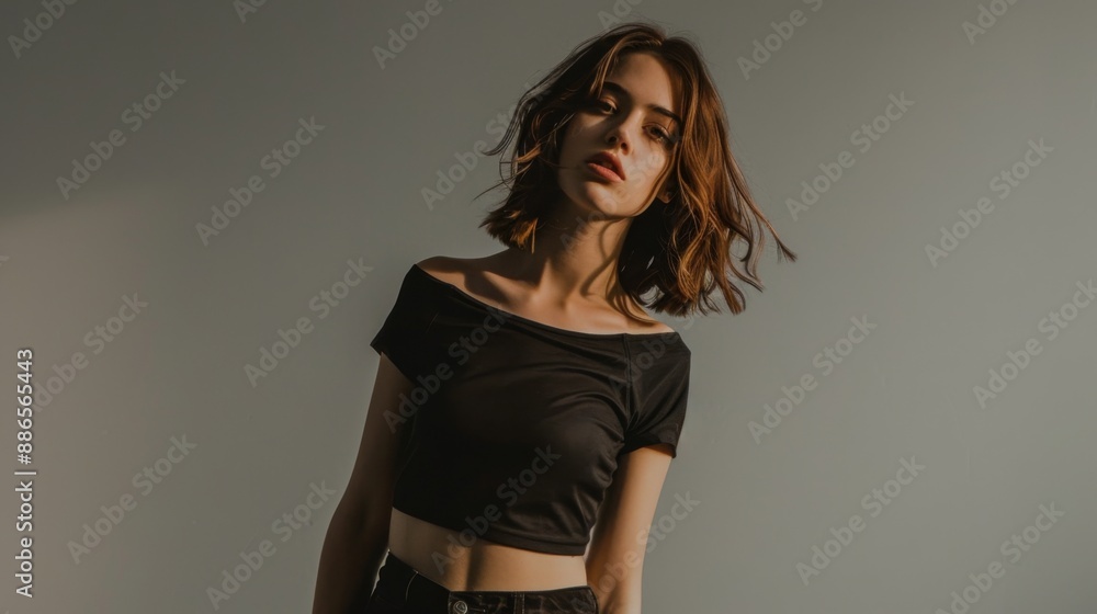 Fototapeta premium Female top model wearing casual cropped top and trousers in front of gray background