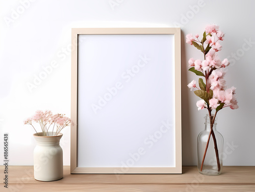 Minimalist blank picture frame with delicate flowers in vases on a wooden table against a white background.