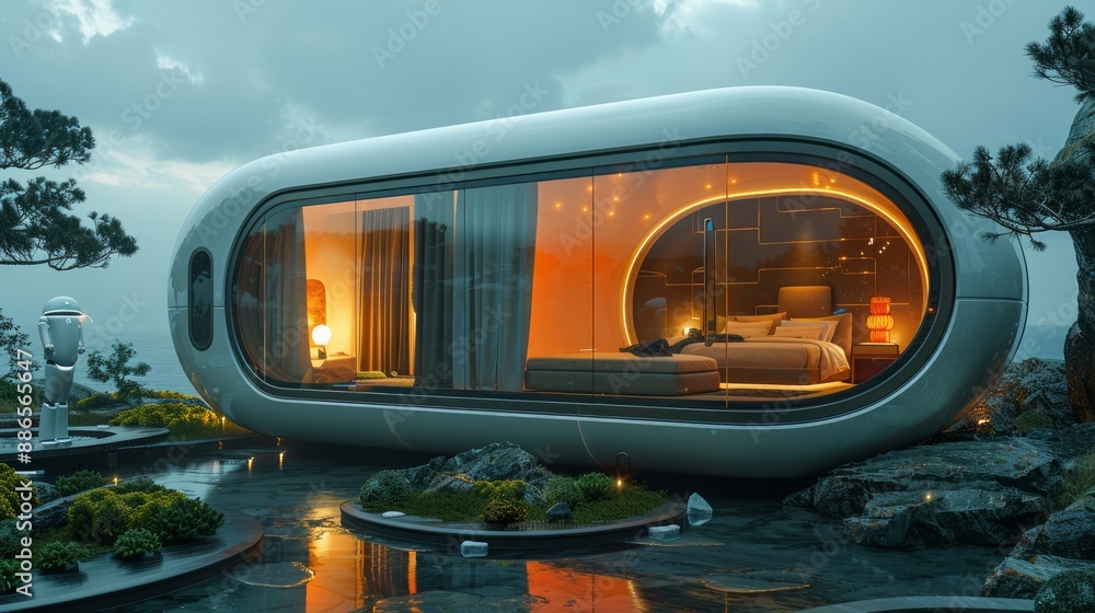 Futuristic hotel with automated check-in, smart rooms, and robotic concierge services. Futuristic hotel with automated check-in, smart rooms, and robotic concierge services.