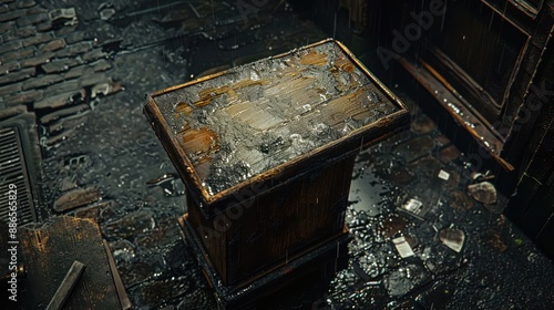A wooden table is sitting on a wet floor