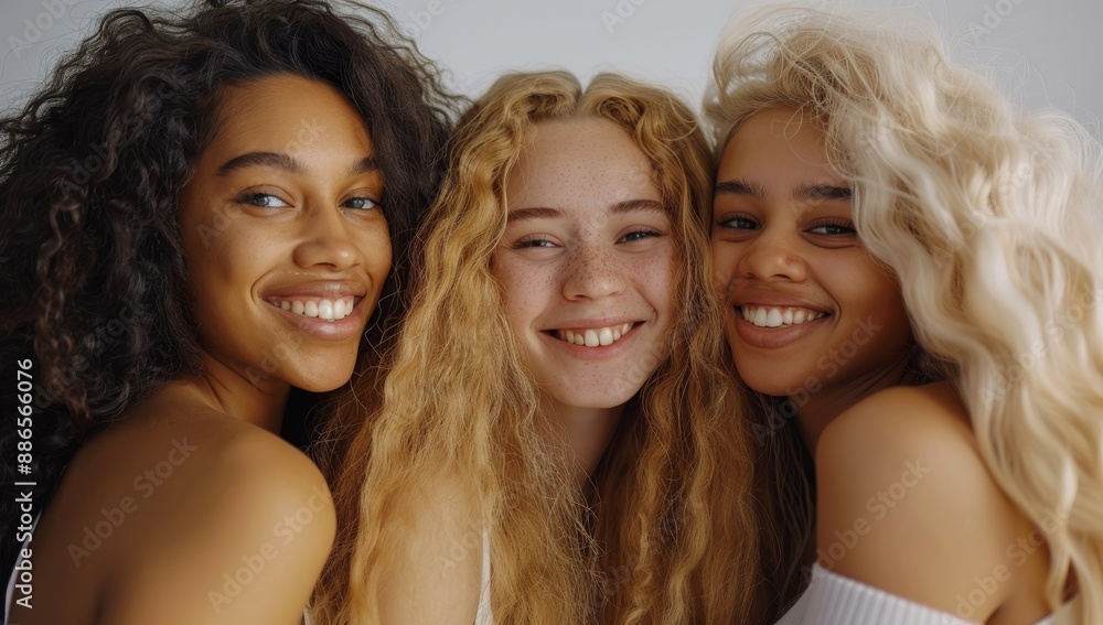 Fototapeta premium Three beautiful diverse smiling women African American models, flawless glamor makeup. multiracial women, three beautiful women with different skin tones, african ethnicity lifestyle friendship group