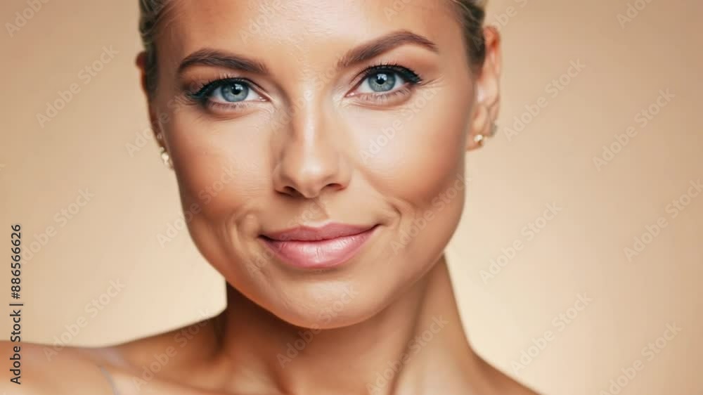 Portrait of a charming, sensual blonde on a light background. Cosmetology concept. Close up portrait of a charming half-naked woman in the studio. 4k video Skin and beauty shot Portrait of a charming, sensual blonde on a light background. Cosmetology concept. Close up portrait of a charming half-naked woman in the studio. 4k video Skin and beauty shot