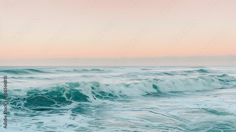 A serene gradient of pastel blues and greens, with gentle waves rolling towards a distant horizon under a soft pink sky.