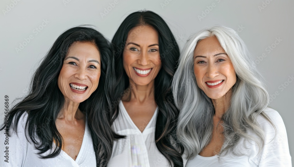 Three beautiful smiling diverse cultural middle aged businesswoman with long hair posing together. Salon Hair or skincare concept Three beautiful smiling diverse cultural middle aged businesswoman with long hair posing together. Salon Hair or skincare concept