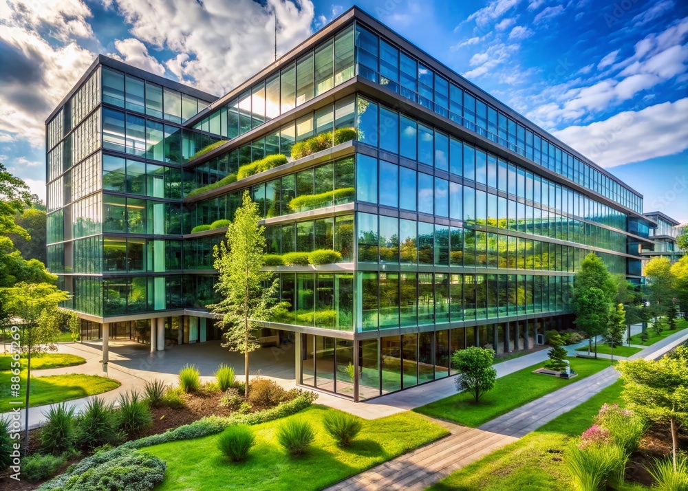 Modern sustainable glass office building surrounded by lush greenery, incorporating eco-friendly design to reduce carbon footprint and create a healthy corporate environment naturally. Modern sustainable glass office building surrounded by lush greenery, incorporating eco-friendly design to reduce carbon footprint and create a healthy corporate environment naturally.