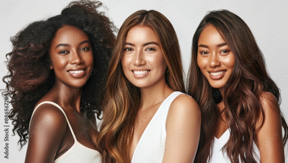 Three beautiful diverse smiling women African American models, flawless glamor makeup. multiracial women, three beautiful women with different skin tones, african ethnicity lifestyle friendship group Three beautiful diverse smiling women African American models, flawless glamor makeup. multiracial women, three beautiful women with different skin tones, african ethnicity lifestyle friendship group
