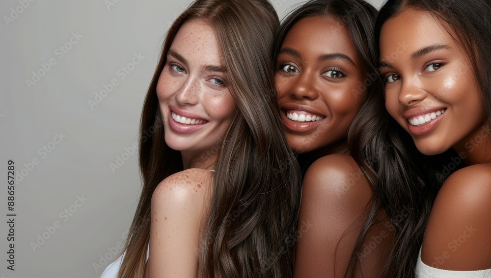 Fototapeta premium Three beautiful diverse smiling women African American models, flawless glamor makeup. multiracial women, three beautiful women with different skin tones, african ethnicity lifestyle friendship group