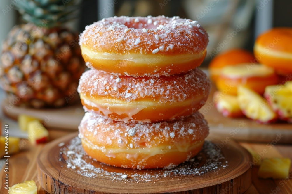 Stack of Sugary Glazed Donuts with Pineapple and Powdered Sugar Stack of Sugary Glazed Donuts with Pineapple and Powdered Sugar