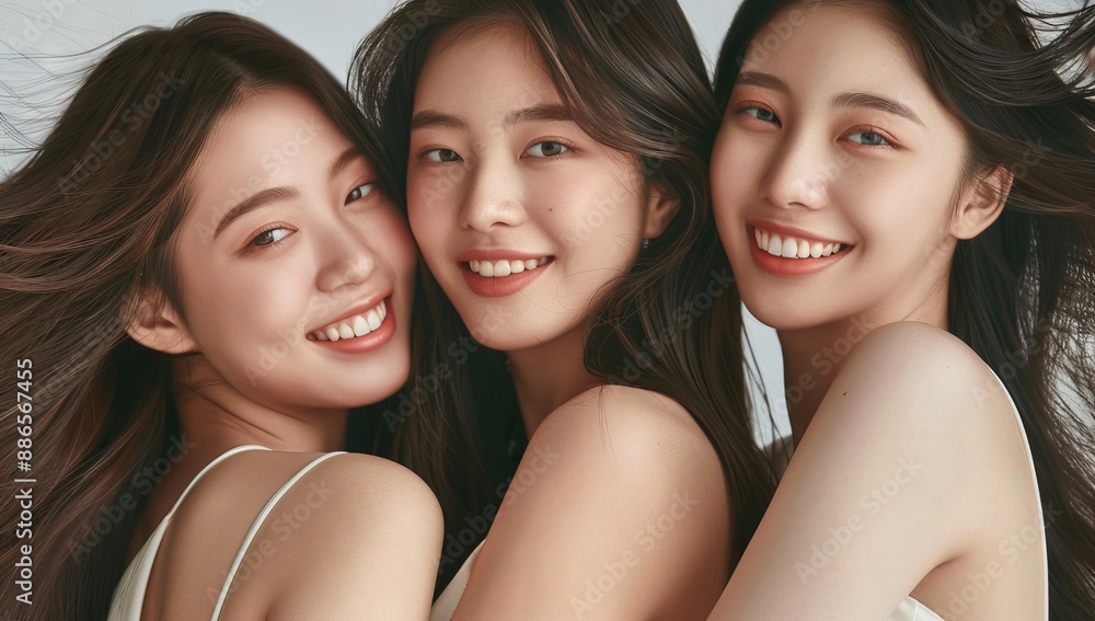 Three beautiful diverse asian women Skincare models, flawless glamor makeup. multiracial women, three beautiful women with different skin tones, african ethnicity lifestyle friendship group Three beautiful diverse asian women Skincare models, flawless glamor makeup. multiracial women, three beautiful women with different skin tones, african ethnicity lifestyle friendship group