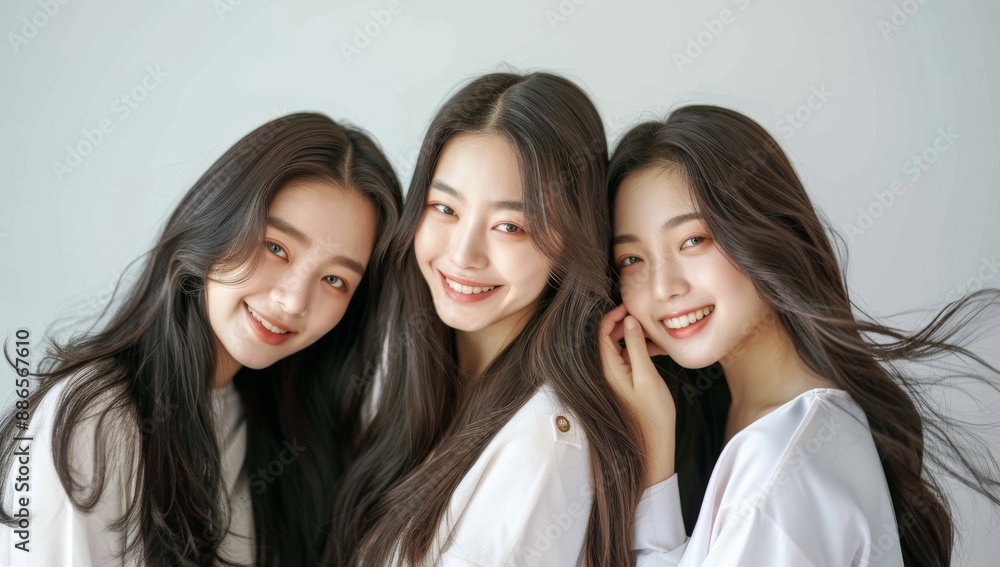 Three beautiful smiling korean asian women with long hair posing together women friends with long salon styled hair posing together, healthy locks. isolated white background. Friends Group Three beautiful smiling korean asian women with long hair posing together women friends with long salon styled hair posing together, healthy locks. isolated white background. Friends Group